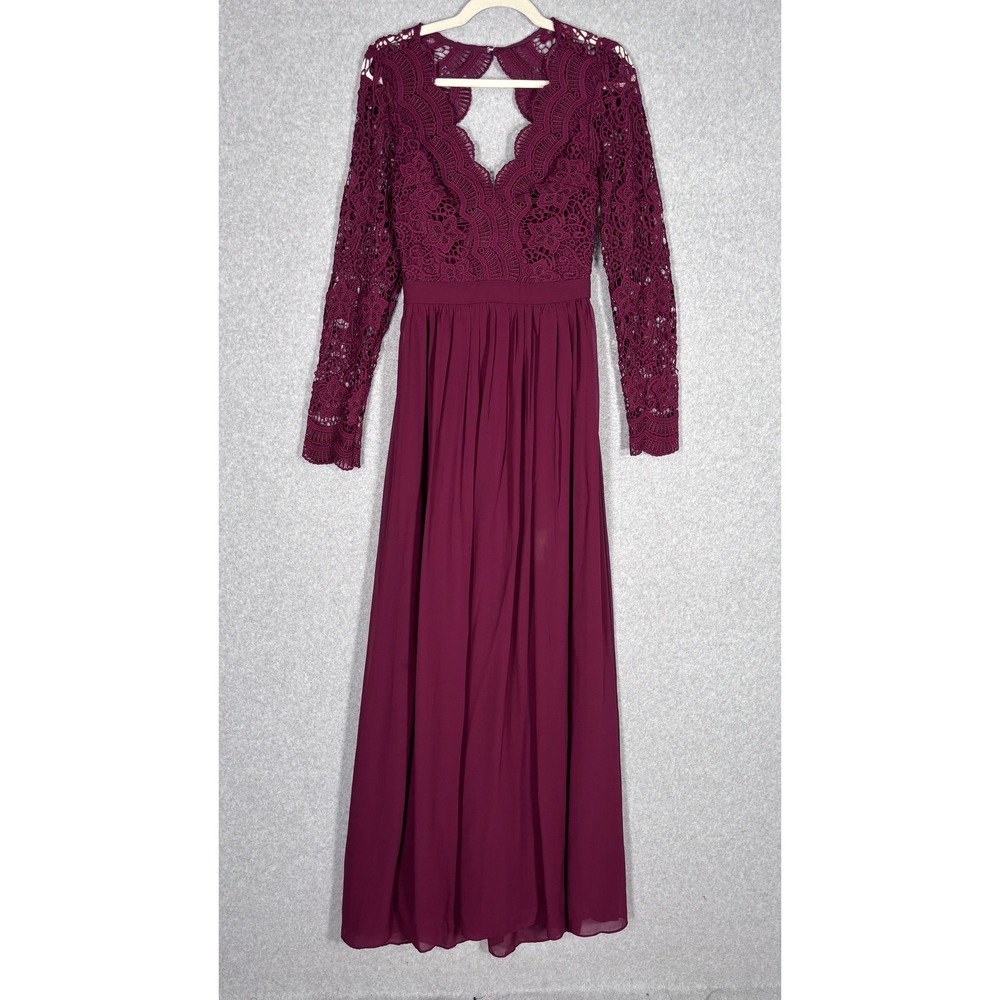 Lulus Lace Maxi Dress Medium Burgundy Long Sleeve Open Back Awaken My Love